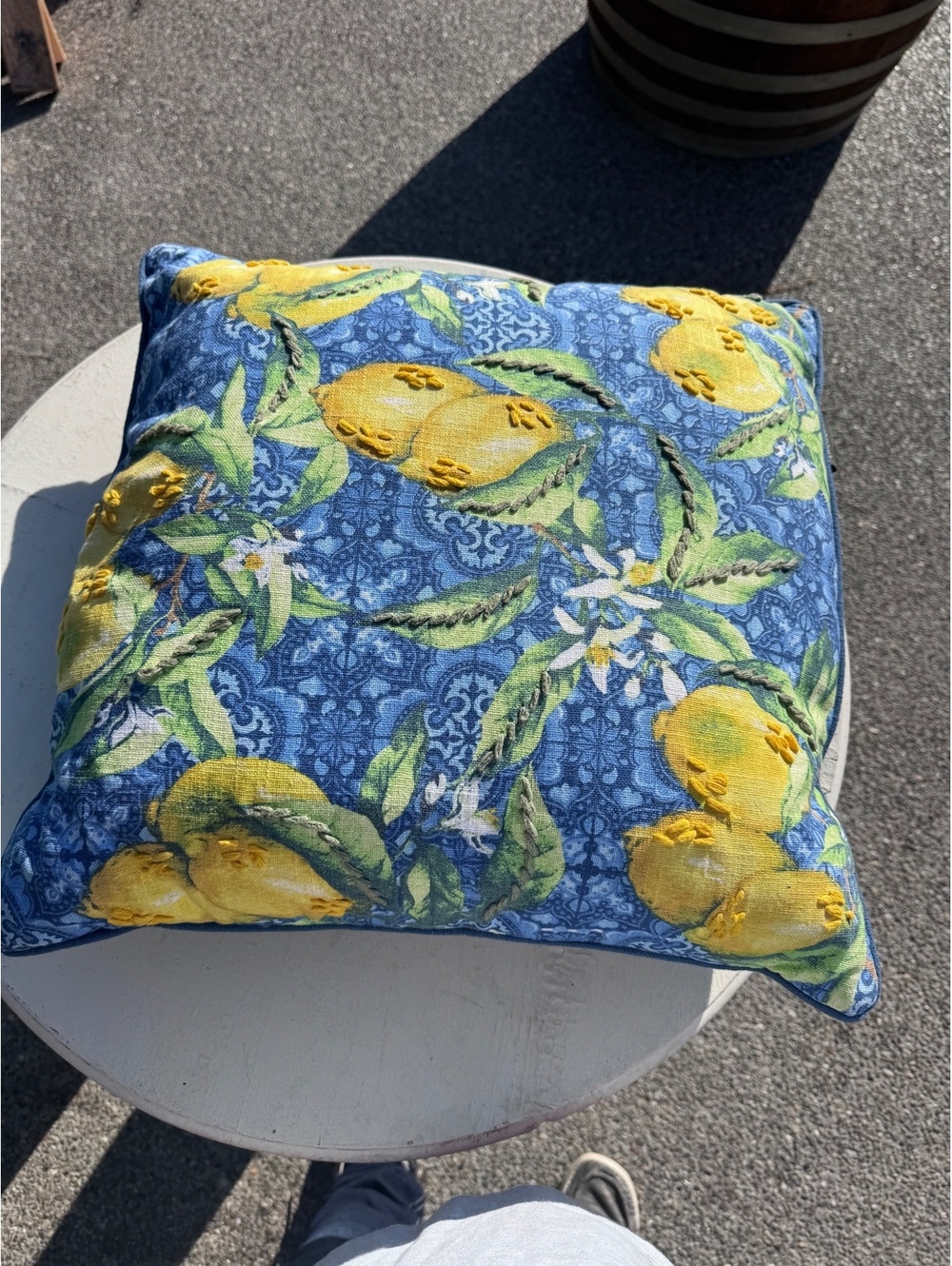 LaCourte Lemon Floral Embroidered Throw Pillow Blue Yellow Citrus Cottage Decor